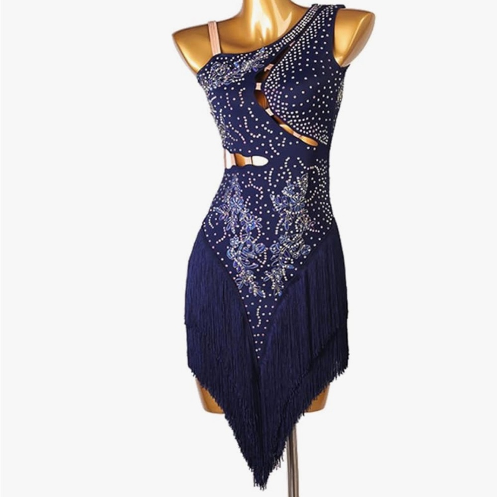Elegant Navy Blue Embellished Women's Latins Dance Dress